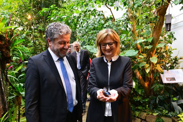 Nachhaltigkeitsministerin Maria Patek eröffnete am 2. Dezember das Schmetterlingshaus im Wiener Burggarten, das nach Generalsanierung in neuem Glanz erstrahlt.