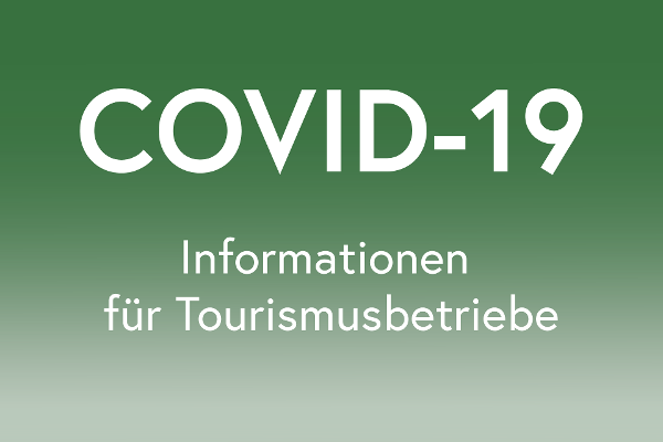 Grünes Icon mit Schriftzug COVID 19 Informationen für Tourismusbetriebe