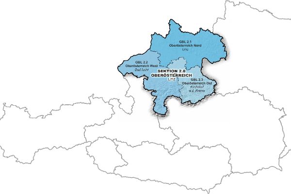 Österreichkarte mit Markierung von Oberösterreich der Wildbach- und Lawinenverbauung
