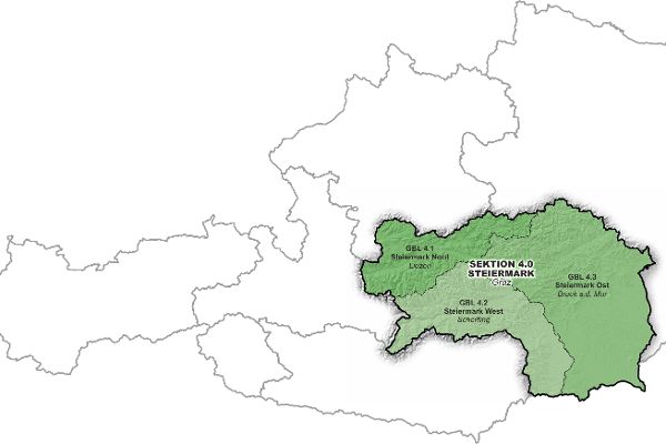 Österreichkarte mit Markierung von Steiermark der Wildbach- und Lawinenverbauung