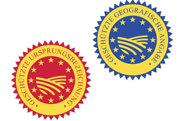 Two seals with the wording “Geschützte Herkunftsbezeichnung” (protected designation of origin) and “geschützte geografische Angabe” (protected geographical indication).