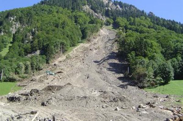 The picture shows a wooded slope in the middle of which a mudslide has descended