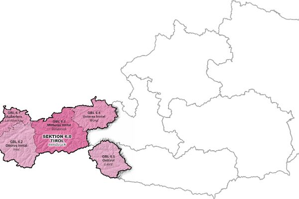 Österreichkarte mit Markierung von Tirol der Wildbach- und Lawinenverbauung