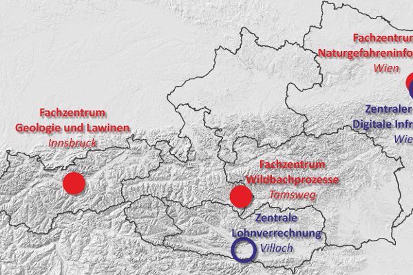 Österreichkarte der Fachzentren und Zentralen Dienste der Wildbach- und Lawinenverbauung