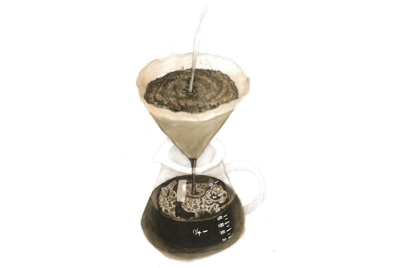 Realistisch gemaltes Bild in Brauntönen zeigt eine Kaffeekanne mit einem Filter darüber. In den Kaffeefilter wird gerade Wasser eingegossen.