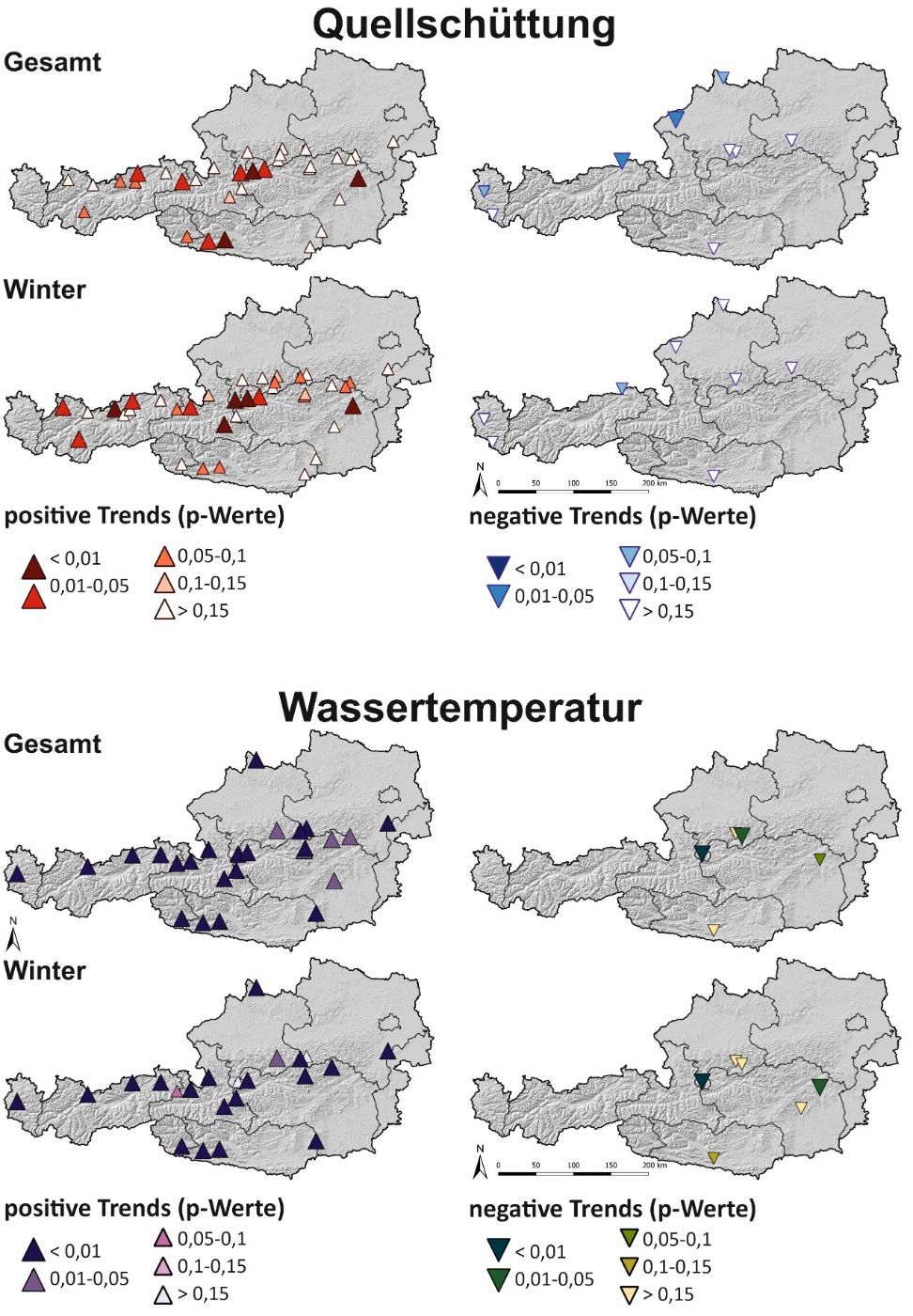 Saisonale Trends der Schüttung und der Wassertemperatur dargestellt in Abhängigkeit der jeweiligen p-Werte, jeweils 1 Karte für das gesamte Jahr und die Wintermonate und positive bzw. negative Änderungen in der Quellschüttung und in der Wassertemperatur. 