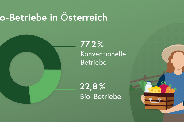 Infografik: Bio-Betriebe in Österreich. Ein Ringdiagramm zeigt an, dass es 77,2 Prozent konventionelle Betriebe und 22,8 Prozent Bio-Betriebe gibt.