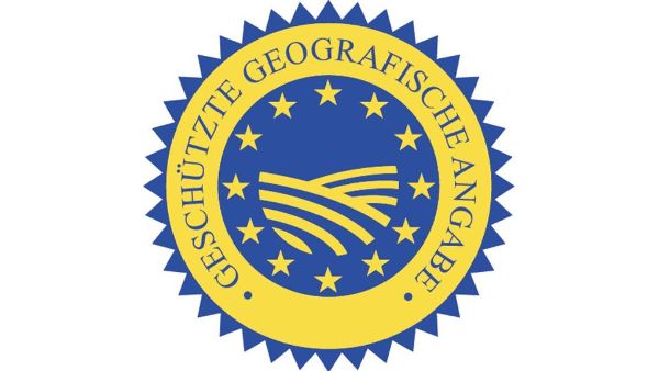 yellow-blue seal with words: “geschützte geografische Angabe” (protected geographical indication)