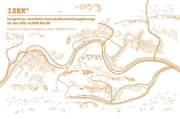 Titelbild des ISEK-Konzepts, in orange sind die Umrisse der vier Regionen stilisiert aufgezeichnet hinter weisem Hintergrund. In orangener Schrift steht "ISEK4 - Integriertes räumliches Innenstadtentwicklungskonzept für den Südalpenraum" geschrieben.