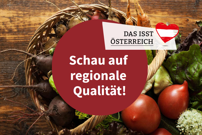 Basket with fresh vegetables, text: This is what Austria eats - pay attention to regional quality!