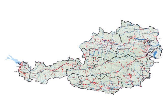 Map of Austria with red marks around certain parts of rivers