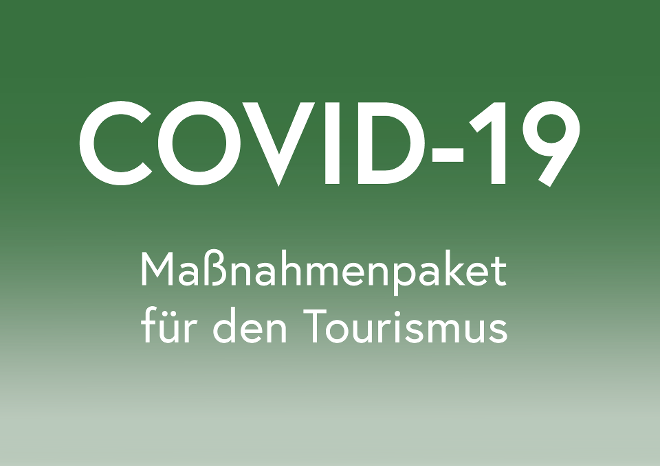 Grünes Icon mit Schriftzug COVID 19 Maßnahmenpaket für den Tourismus