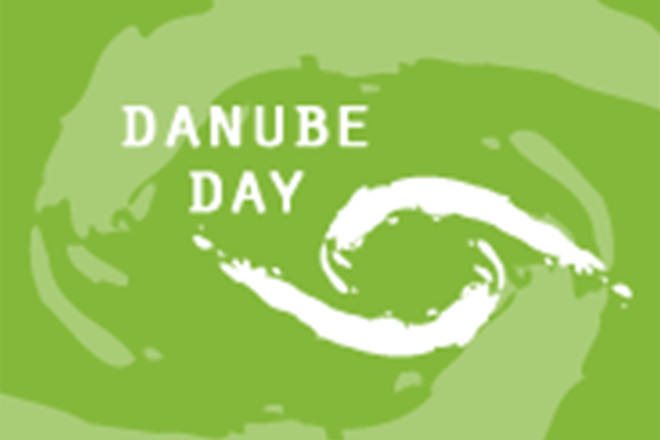 Grüne Farbfläche mit an Strudel erinnernden weißen Linien und dem Text: Danube Day