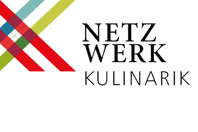 Textlogo: Netzwerk Kulinarik mit farbigen Streifen