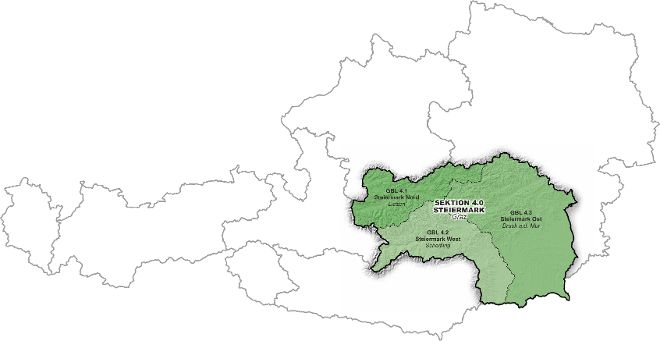Österreichkarte mit Markierung von Steiermark der Wildbach- und Lawinenverbauung